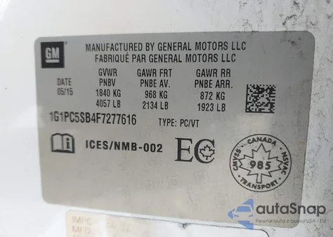 2015 Chevrolet Cruze 1Lt Auto from USA, damaged, VIN 1G1PC5SB4F7277616